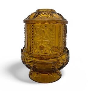 Indiana Glass Amber Stars and Bars Fairy Lamp Light Candle Holder Vintage 6.5"
